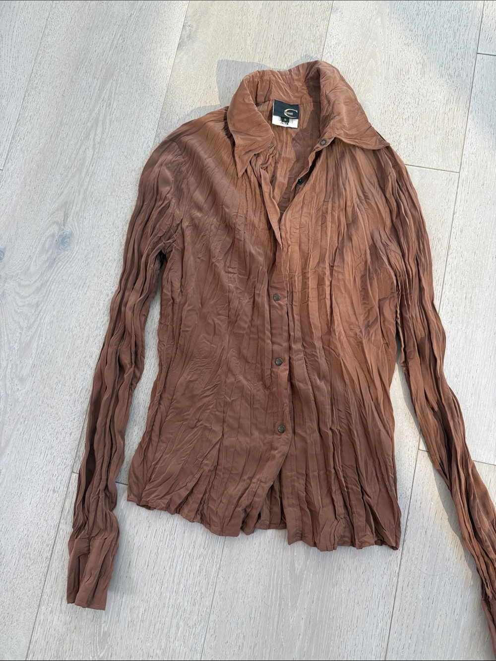 Just Cavalli Brown Crinkled Long-Sleeve Button-Up Blouse